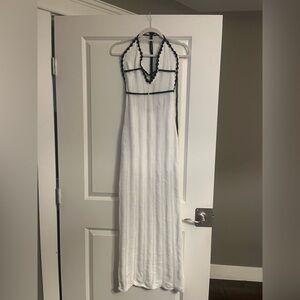Beautiful Beachy Soft White Crochet Halter Dress with Black Trim (with underlay)